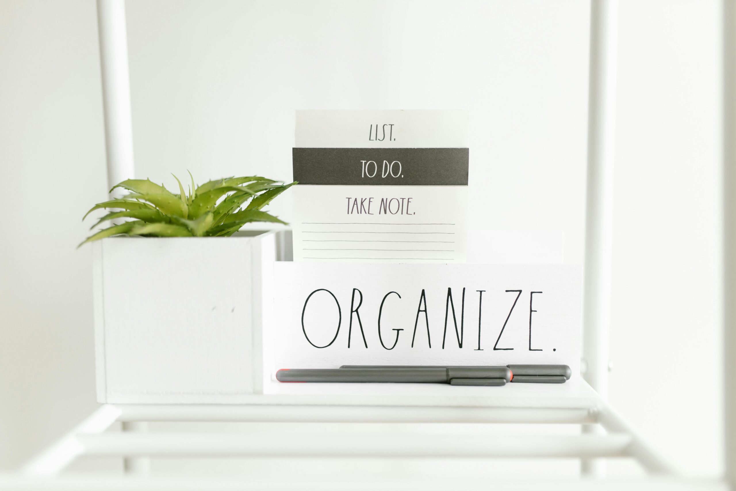 A minimalist setup featuring a to-do list, plant, and pens for organized productivity.